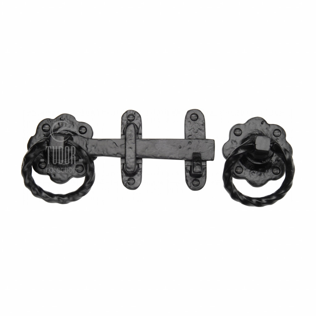 M Marcus Tudor Rustic Black Ring Latch Furniture on Floral Rose Backplate