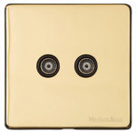M Marcus Heritage Brass Studio Range 2 Gang Non-Isolated TV/Coaxial Socket with Black Trim