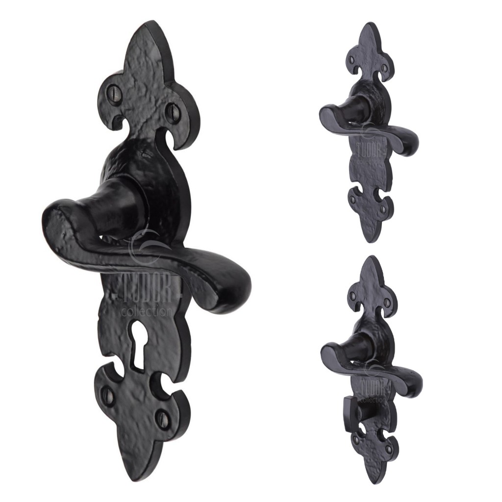 M Marcus Tudor Rustic Black Fleur-de-Lys Door Handle on Backplate