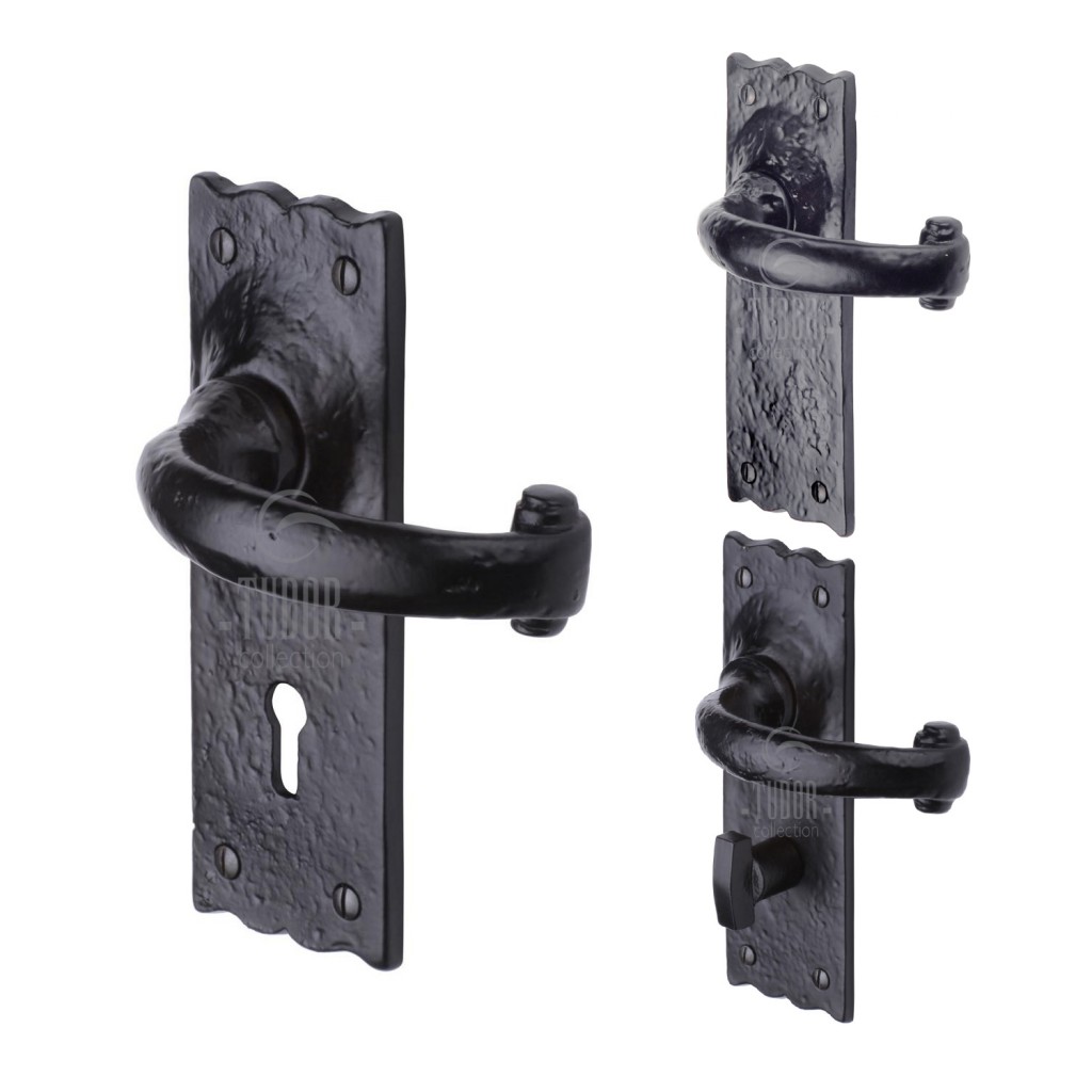 M Marcus Tudor Rustic Black Colonial Door Handle on Backplate