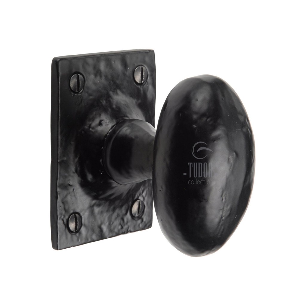 M Marcus Tudor Rustic Black Oval Door Knob on Backplate