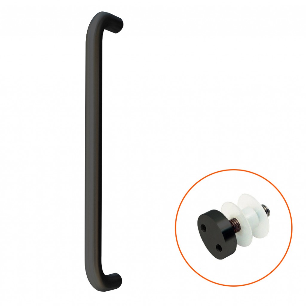Tubular “D” Bolt Through Fixing Pull Handles for Glass Doors complete with Pignose Bolts – Antimicrobial Eco-Friendly Matt Black