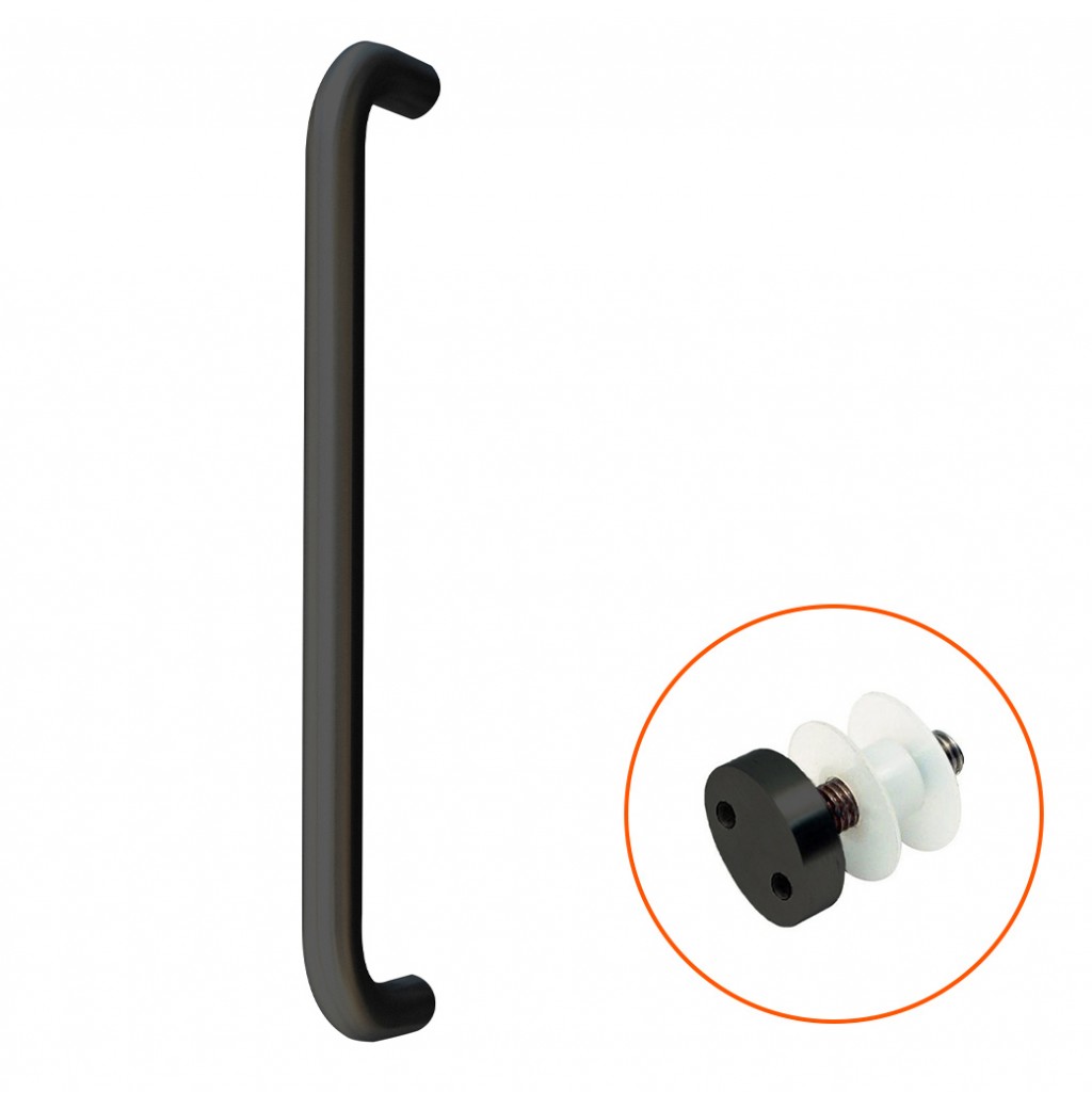 Tubular “D” Bolt Through Fixing Pull Handles for Glass Doors complete with Pignose Bolts – Self-Sanitising Antimicrobial Matt Black & Matt White