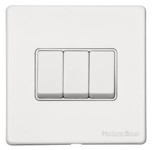 M Marcus Heritage Brass Vintage Gloss White Range 3 Gang 2 Way Rocker Switch