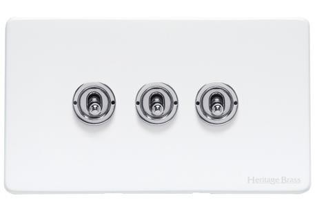 M Marcus Heritage Brass Vintage Gloss White Range 3 Gang 2 Way Toggle Switch