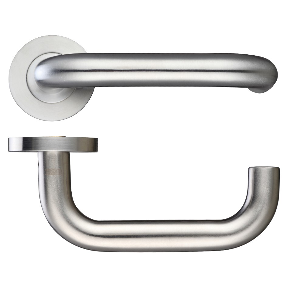 Round Rose Return to Door Lever Handles – Push on Rose (Sprung) – Satin Stainless Steel
