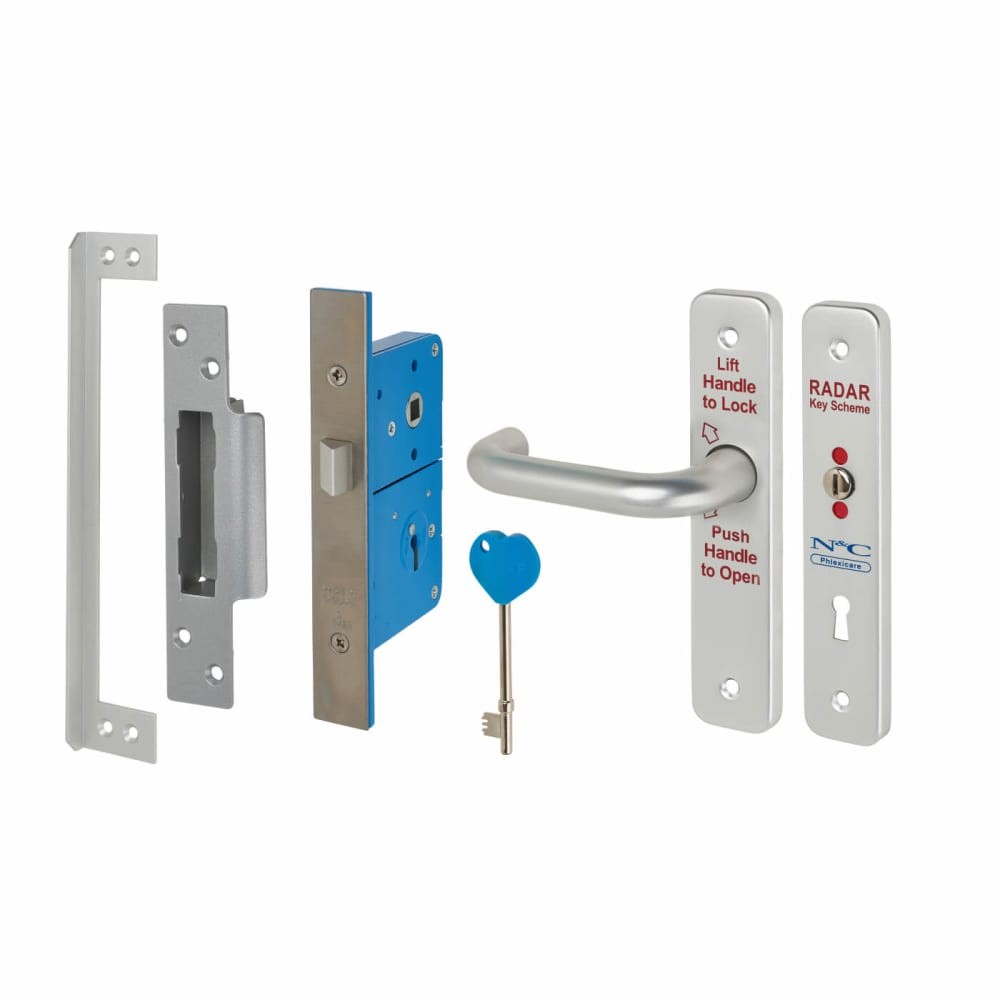 N&C Phlexicare RADAR Lever Handle and Lock Set (Left Hand) complete with 1 key - Satin Anodised Aluminium
