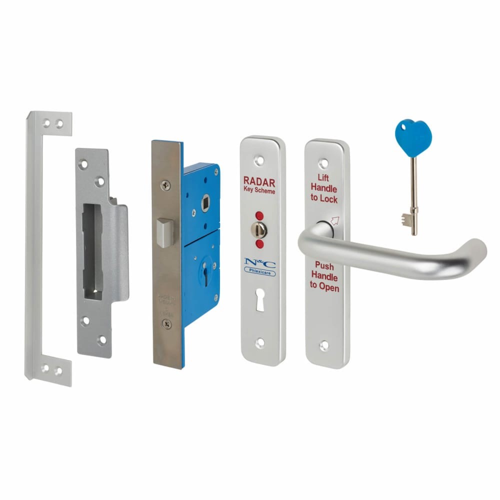 N&C Phlexicare RADAR Lever Handle and Lock Set (Right Hand) complete with 1 key - Satin Anodised Aluminium