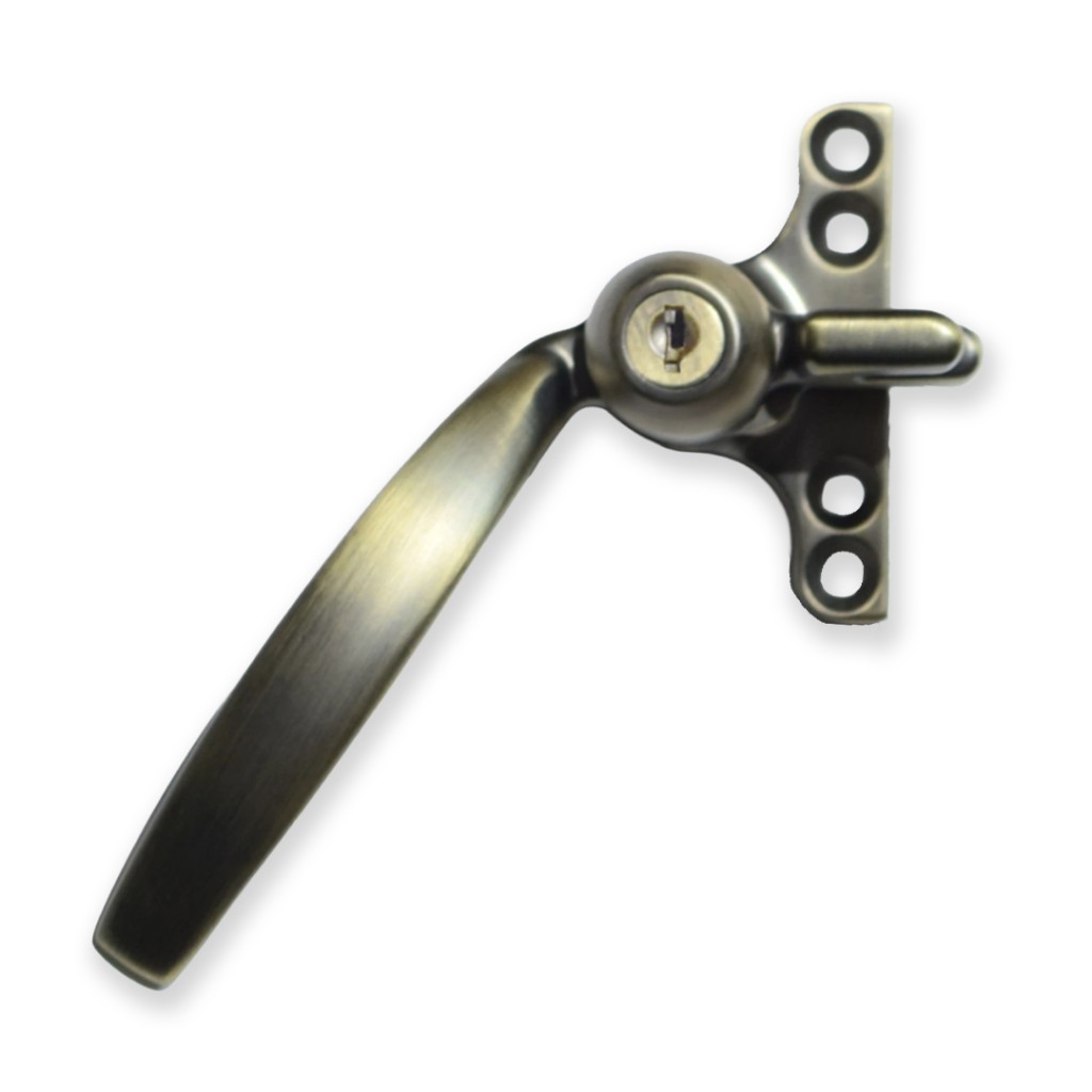 Crittall Type Locking Curved Window Handle on 4-hole Backplate - Left Hand - Antique Brass