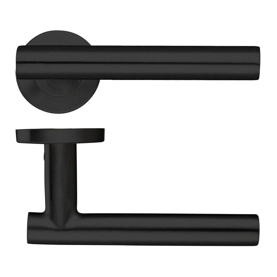 Round Rose T-bar Lever Handles – Push on Rose (Sprung) – Antimicrobial Eco-Friendly Matt Black