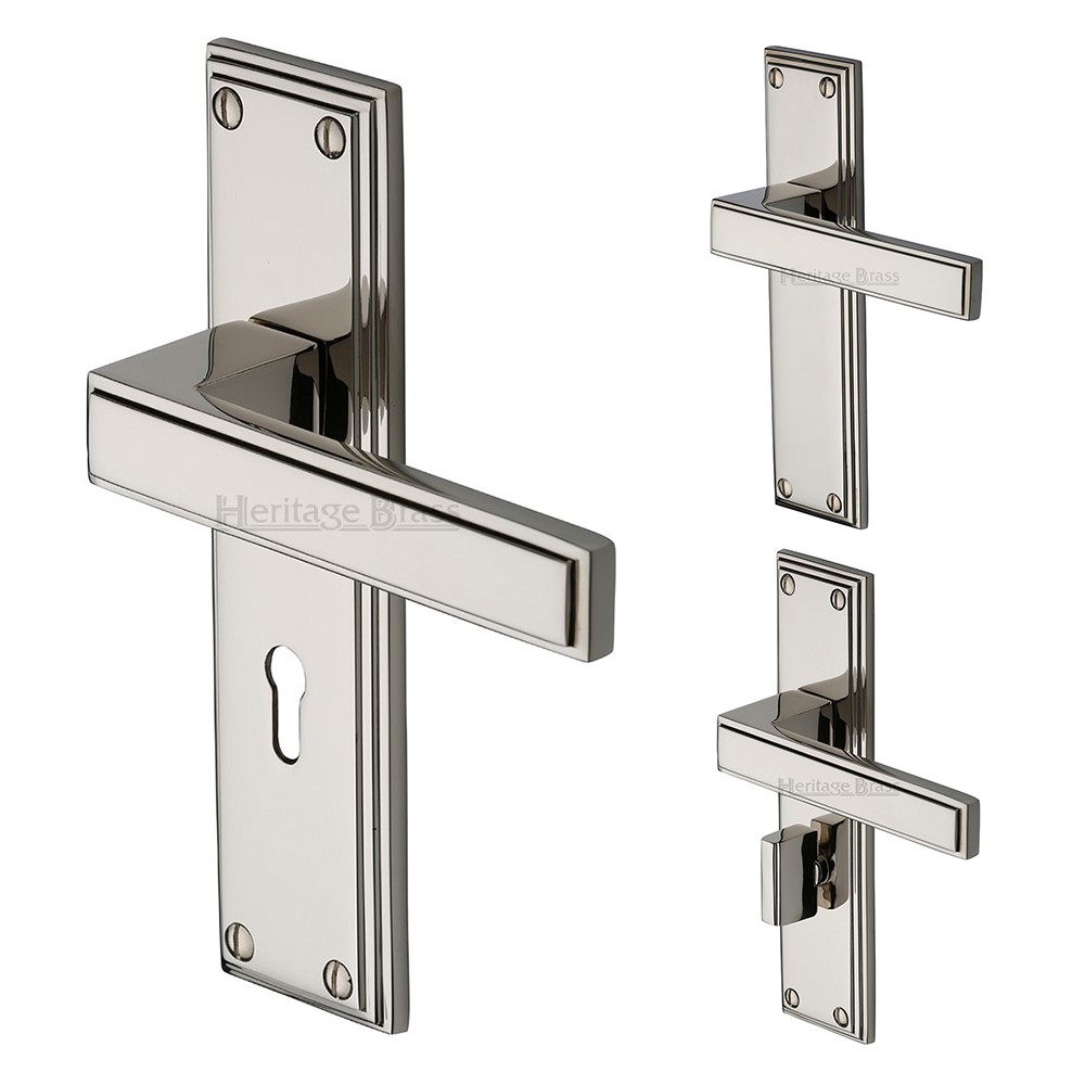 M Marcus Heritage Brass Atlantis Design Door Handle on Plate Bright Nickel Plate