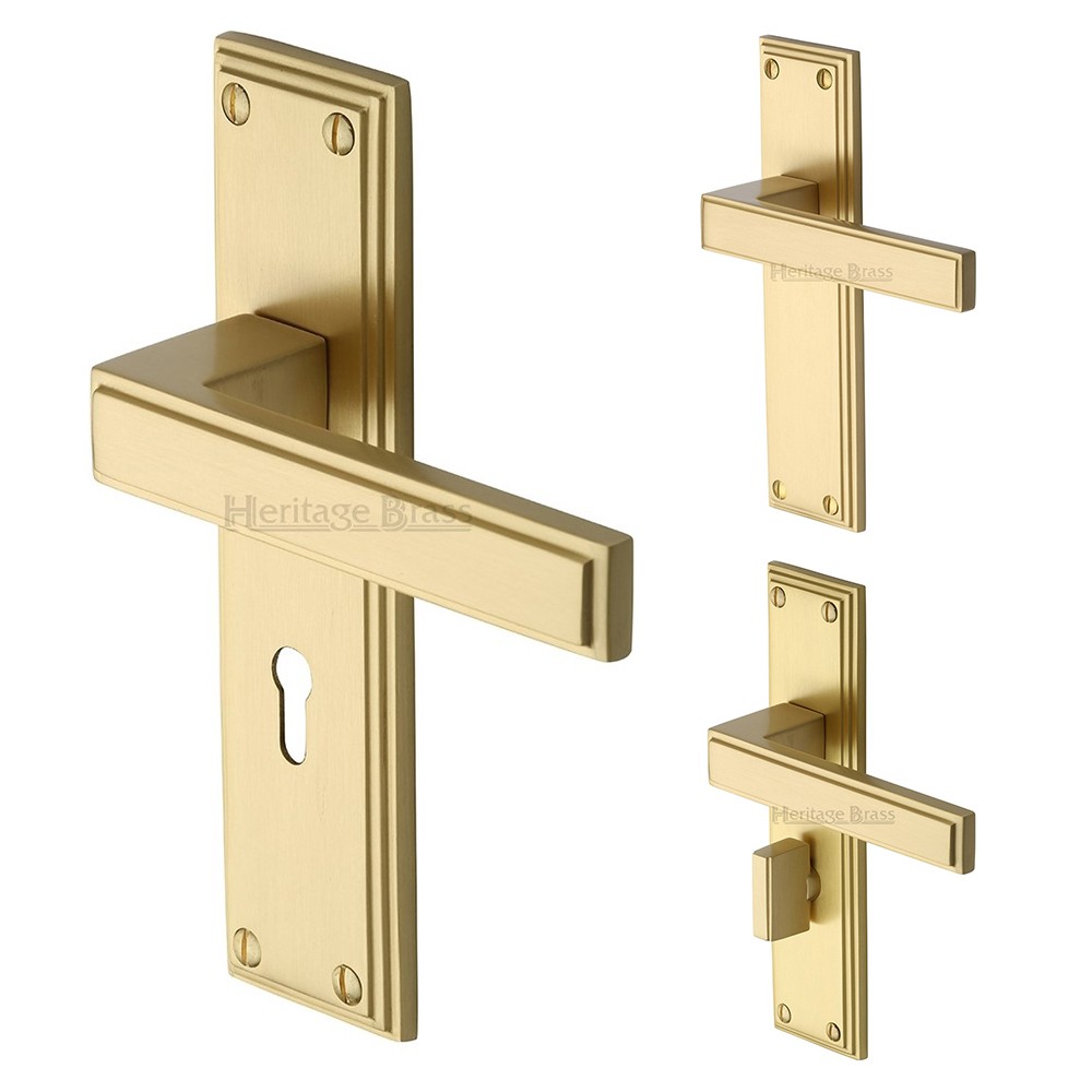 M Marcus Heritage Brass Atlantis Design Door Handle on Plate Satin Brass