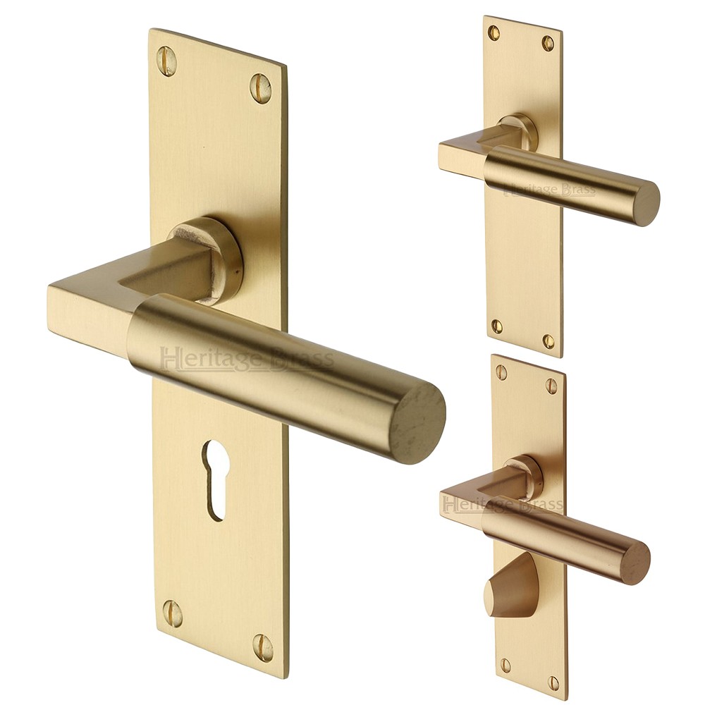 M Marcus Heritage Brass Bauhaus Design Door Handle on Plate Satin Brass