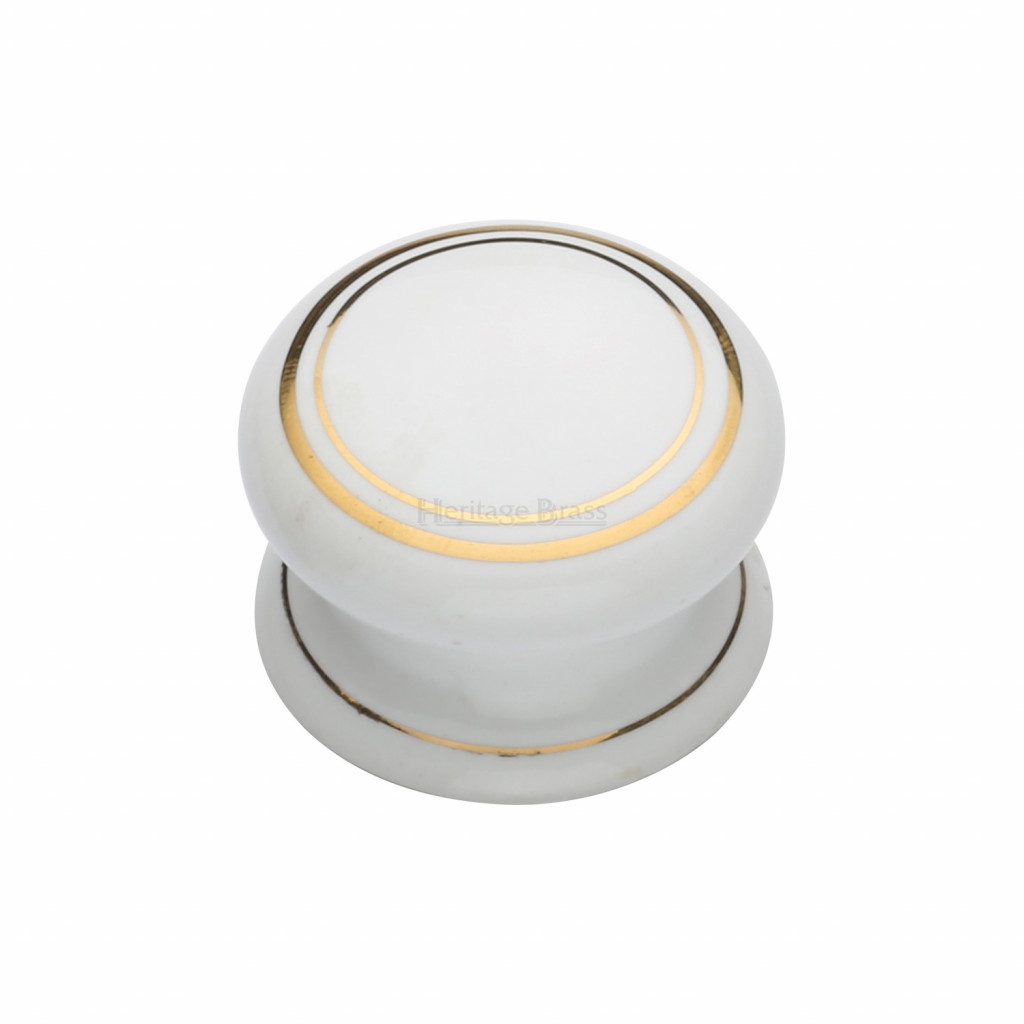 M Marcus Heritage Brass White with Goldline Porcelain Cupboard & Wardrobe Knobs