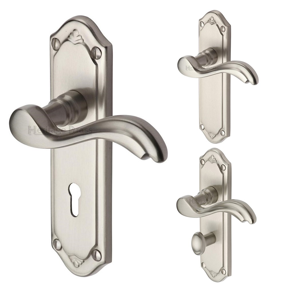 M Marcus Heritage Brass Lisboa Design Door Handle on Plate Satin Nickel Plate