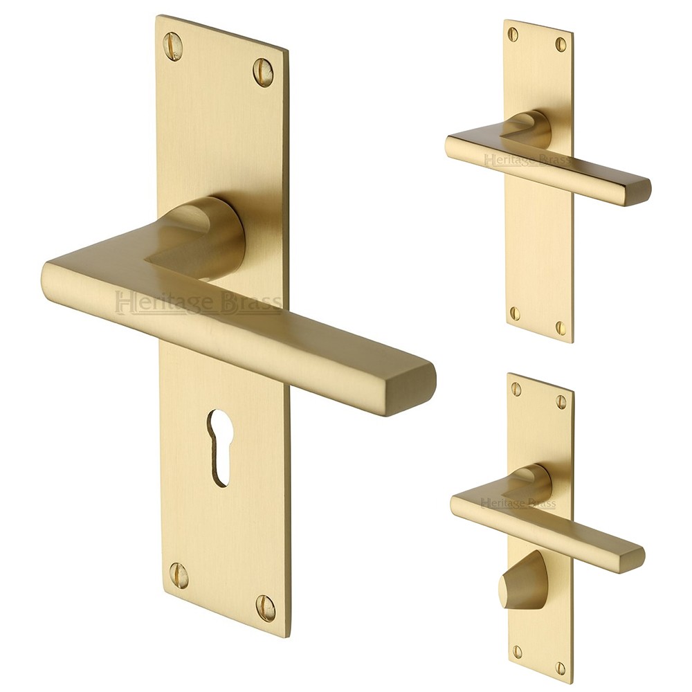 M Marcus Heritage Brass Trident Design Door Handle on Plate Satin Brass