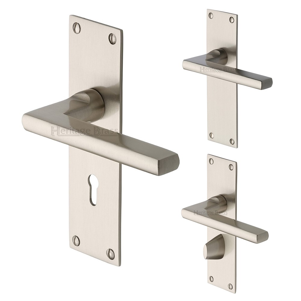 M Marcus Heritage Brass Trident Design Door Handle on Plate Satin Nickel Plate
