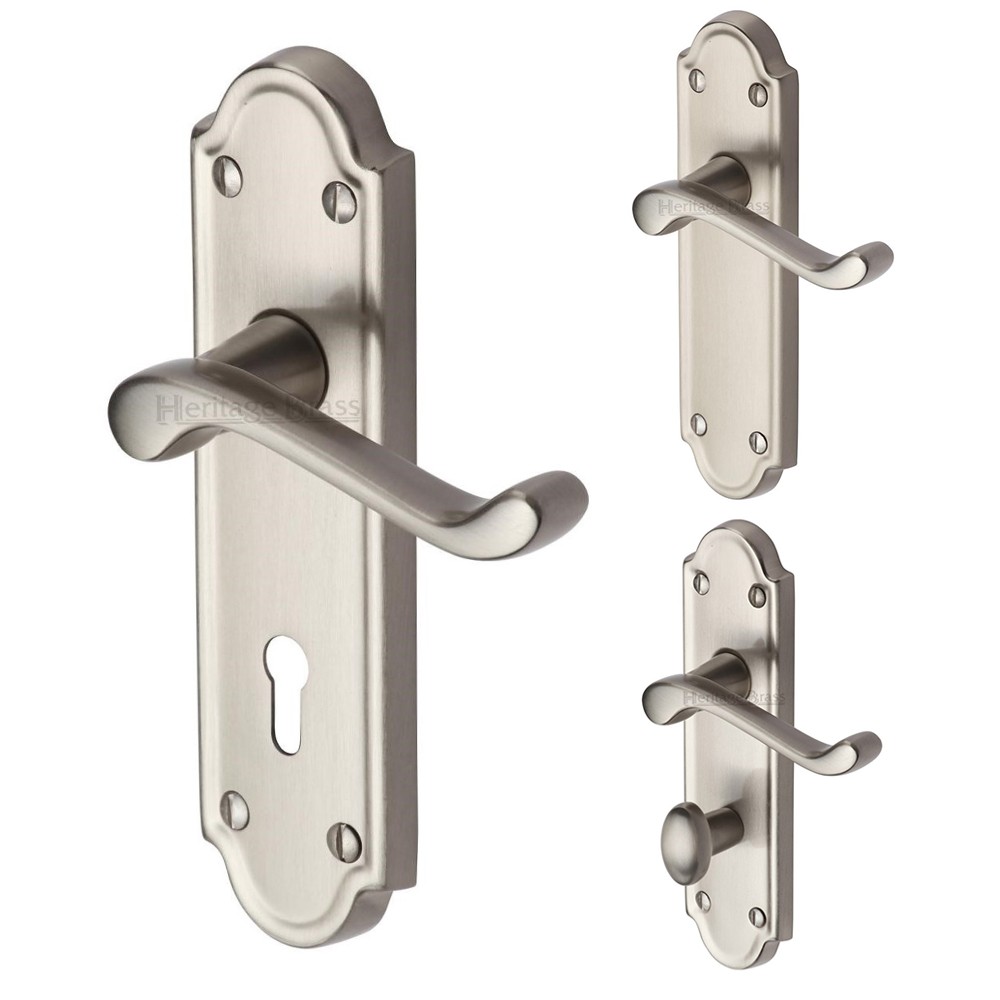M Marcus Heritage Brass Meridian Design Door Handle on Plate Satin Nickel Plate