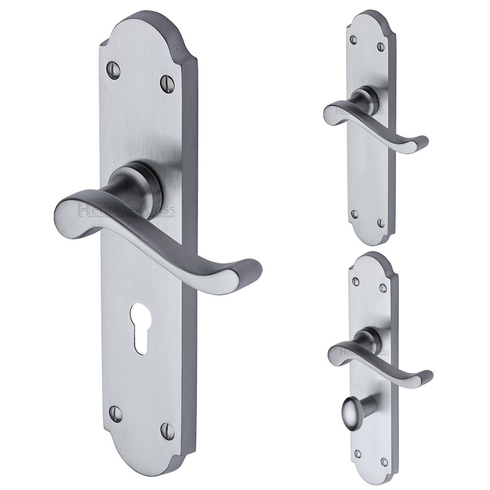 M Marcus Heritage Brass Savoy Long Design Door Handle on Plate Satin Chrome Plate