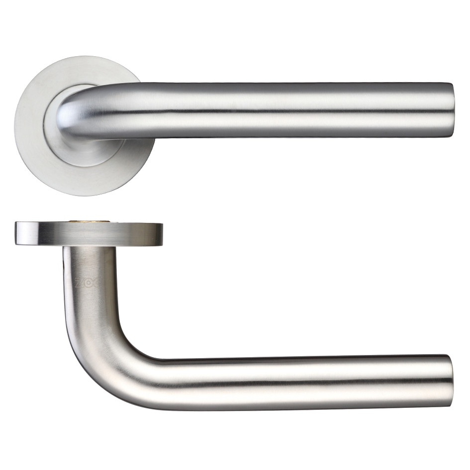 Round Rose Straight Lever Handles – Push on Rose (Sprung) – Antimicrobial Satin Stainless Steel