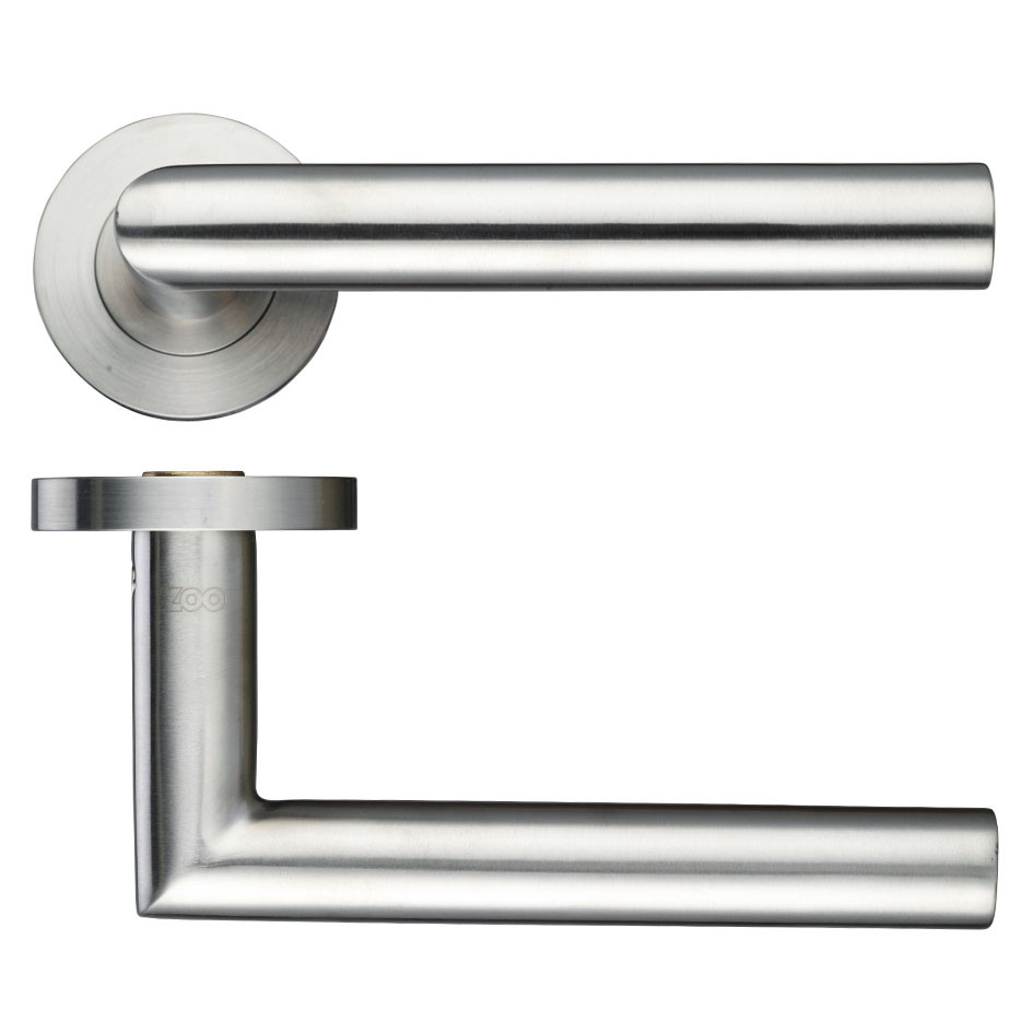 Round Rose Mitred Lever Handles – Push on Rose (Sprung) – Antimicrobial Satin Stainless Steel