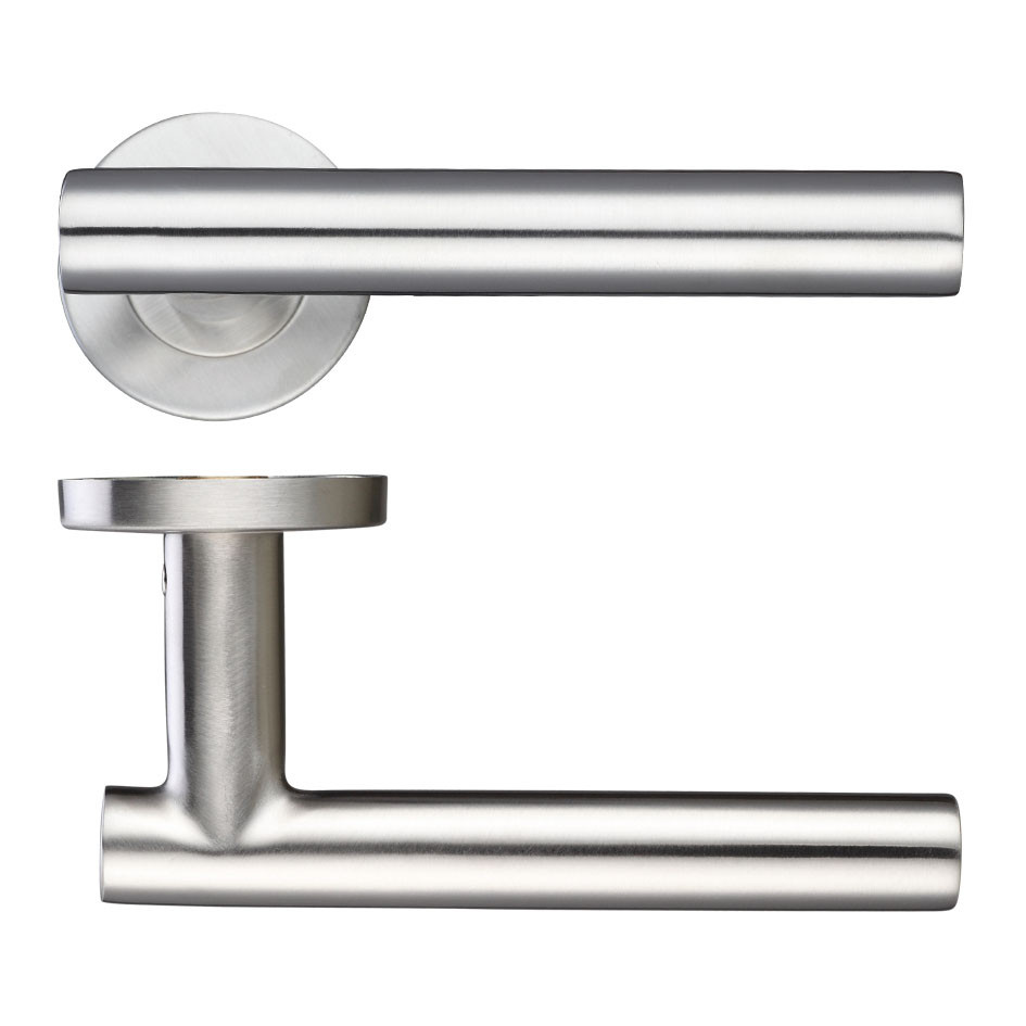 Round Rose T-bar Lever Handles – Push on Rose (Sprung) – Antimicrobial Satin Stainless Steel