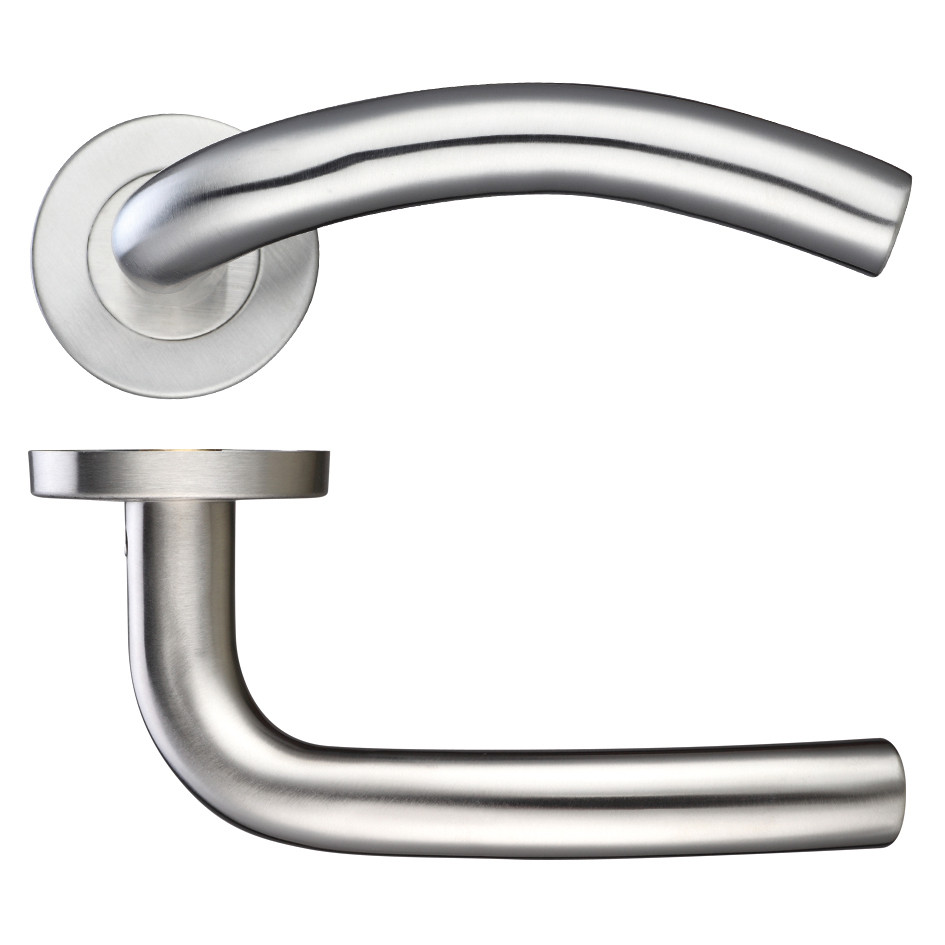 Round Rose Arched Lever Handles – Push on Rose (Sprung) – Antimicrobial Satin Stainless Steel
