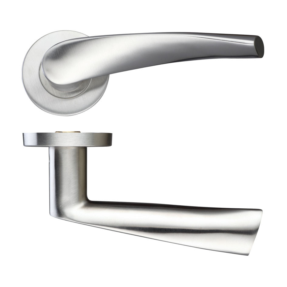 Round Rose Curved Lever Handles – Push on Rose (Sprung) – Antimicrobial Satin Stainless Steel