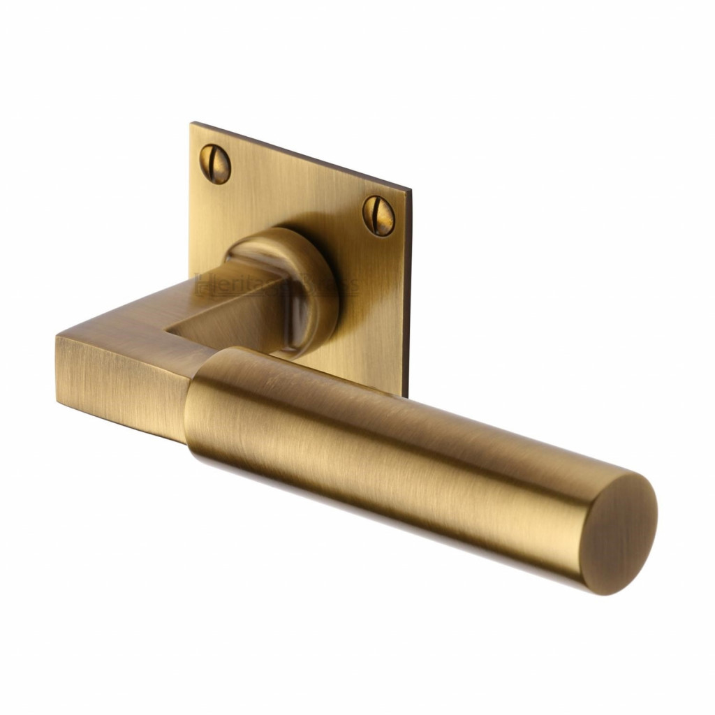 M Marcus Heritage Brass Bauhaus Design Door Handle Lever Latch on Square Rose