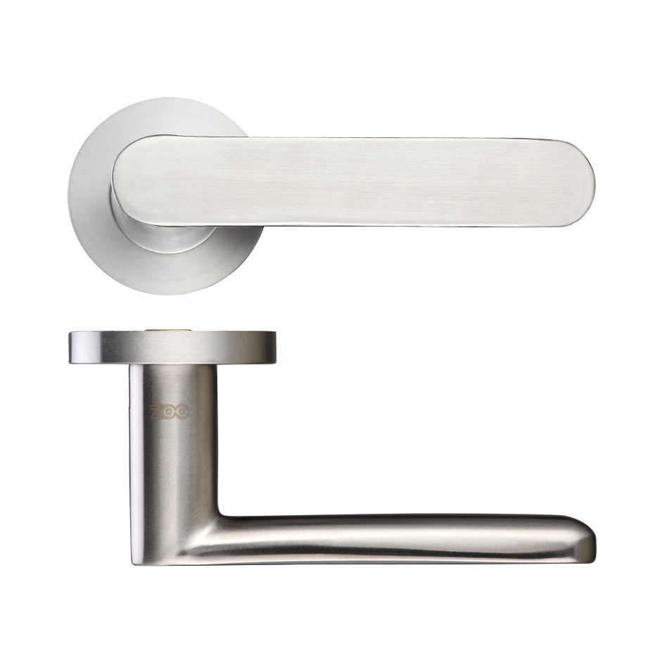 Round Rose Flatside Lever Handles – Push on Rose (Sprung) – Satin Stainless Steel