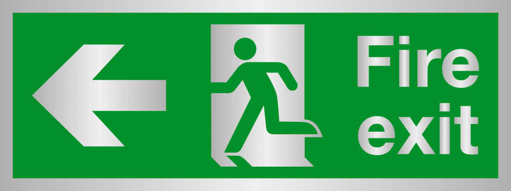 Prestige Range – Fire Exit sign, Running Man with Arrow Left – Silver (400mm x 150mm)