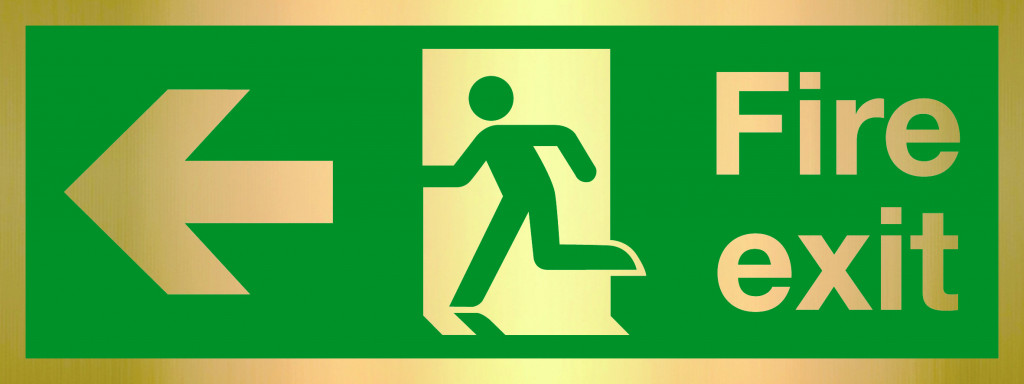 Prestige Range – Fire Exit sign, Running Man with Arrow Left – Gold (400mm x 150mm)