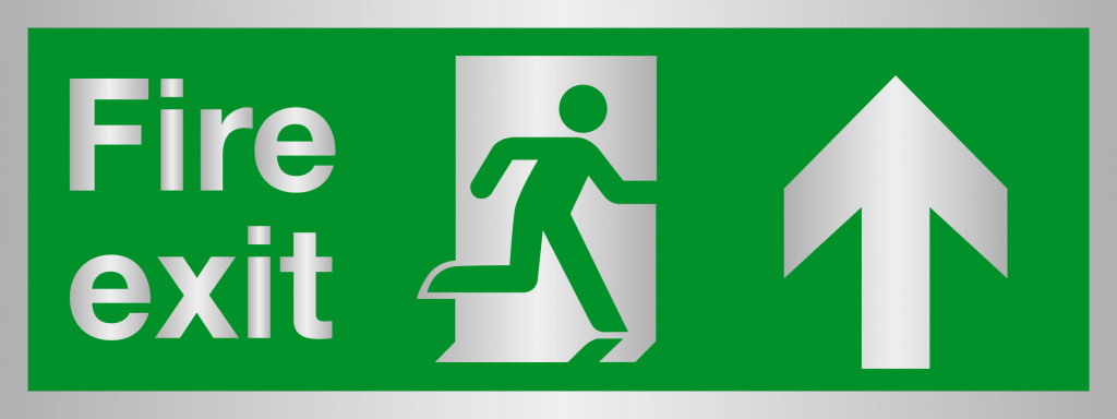 Prestige Range – Fire Exit sign, Running Man with Arrow Up – Silver (400mm x 150mm)
