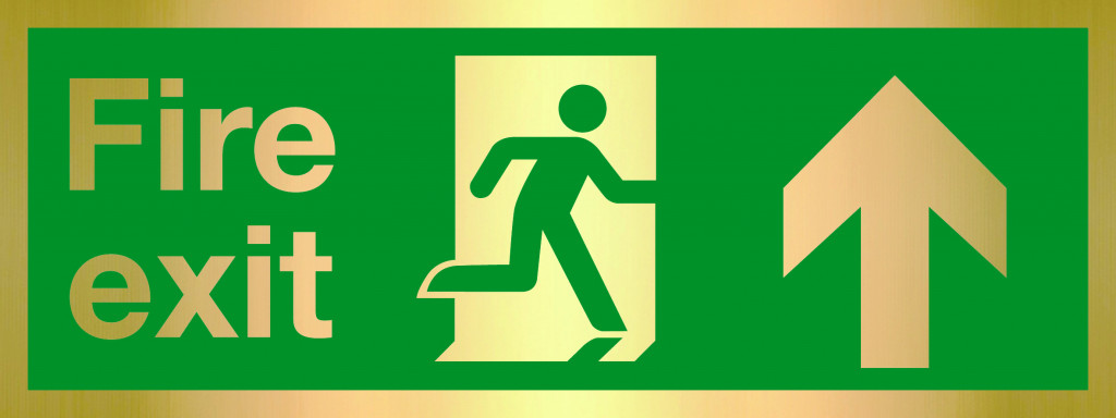 Prestige Range – Fire Exit sign, Running Man with Arrow Up – Gold (400mm x 150mm)