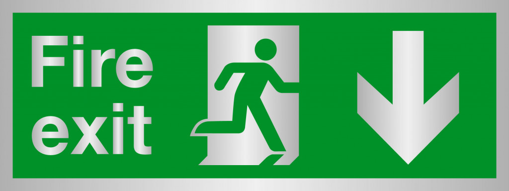 Prestige Range – Fire Exit sign, Running Man with Arrow Down – Silver (400mm x 150mm)