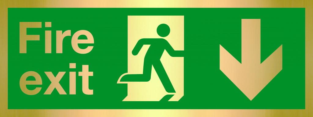 Prestige Range – Fire Exit sign, Running Man with Arrow Down – Gold (400mm x 150mm)