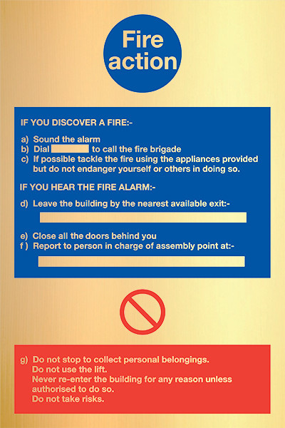 Prestige Range – Fire Action signage – Gold (200mm x 300mm)