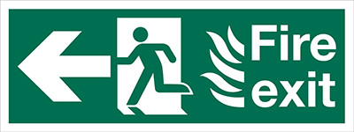 Fire Exit sign with Flames, Running Man and Arrow Left