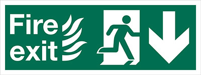 Fire Exit sign with Flames, Running Man and Arrow Down