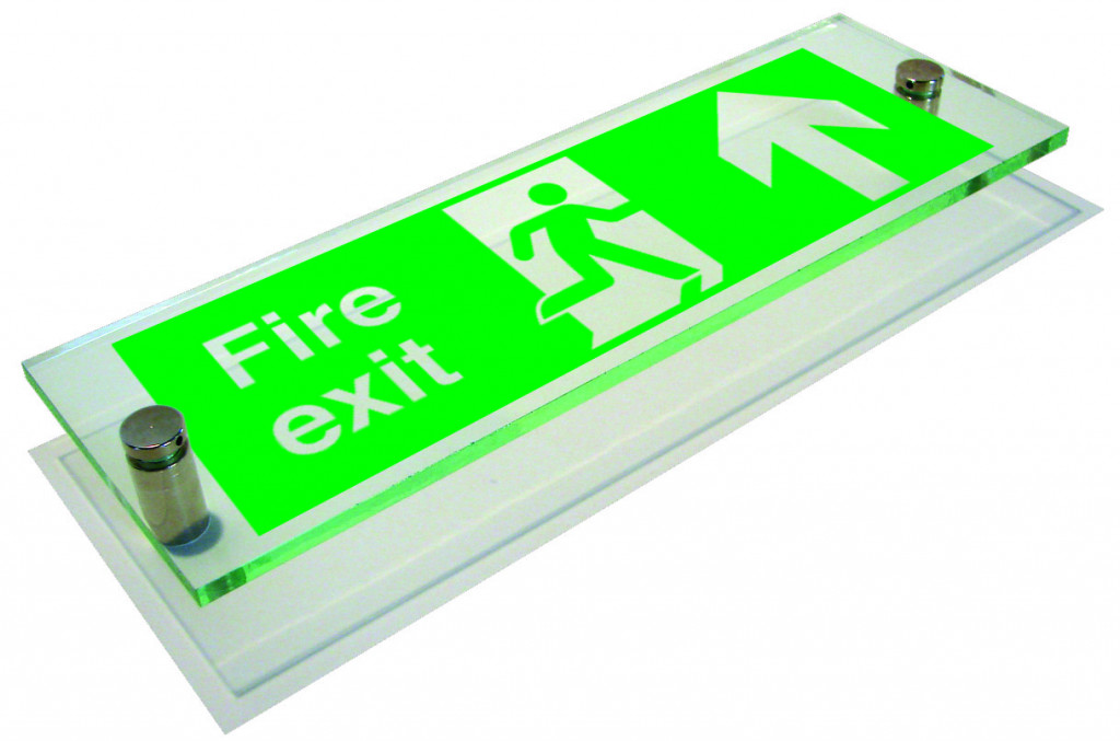 Fire Exit sign, Running Man with Arrow Up – Clear View Acrylic – 400 x 150mm