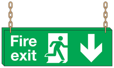 Fire Exit sign, Running Man with Arrow Down – Double Sided Suspension