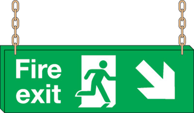 Fire Exit sign, Running Man with Arrow Down Left/Right – Double Sided Suspension