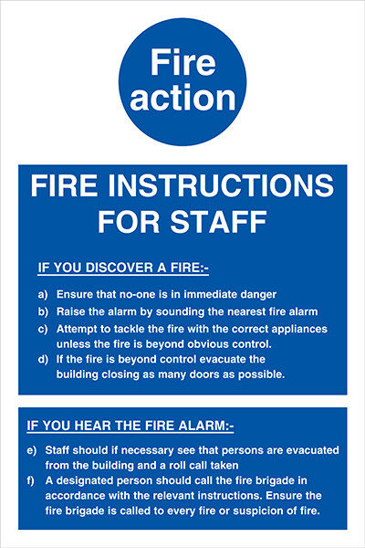 Instructions for Staff Fire Action sign – 200 x 300mm