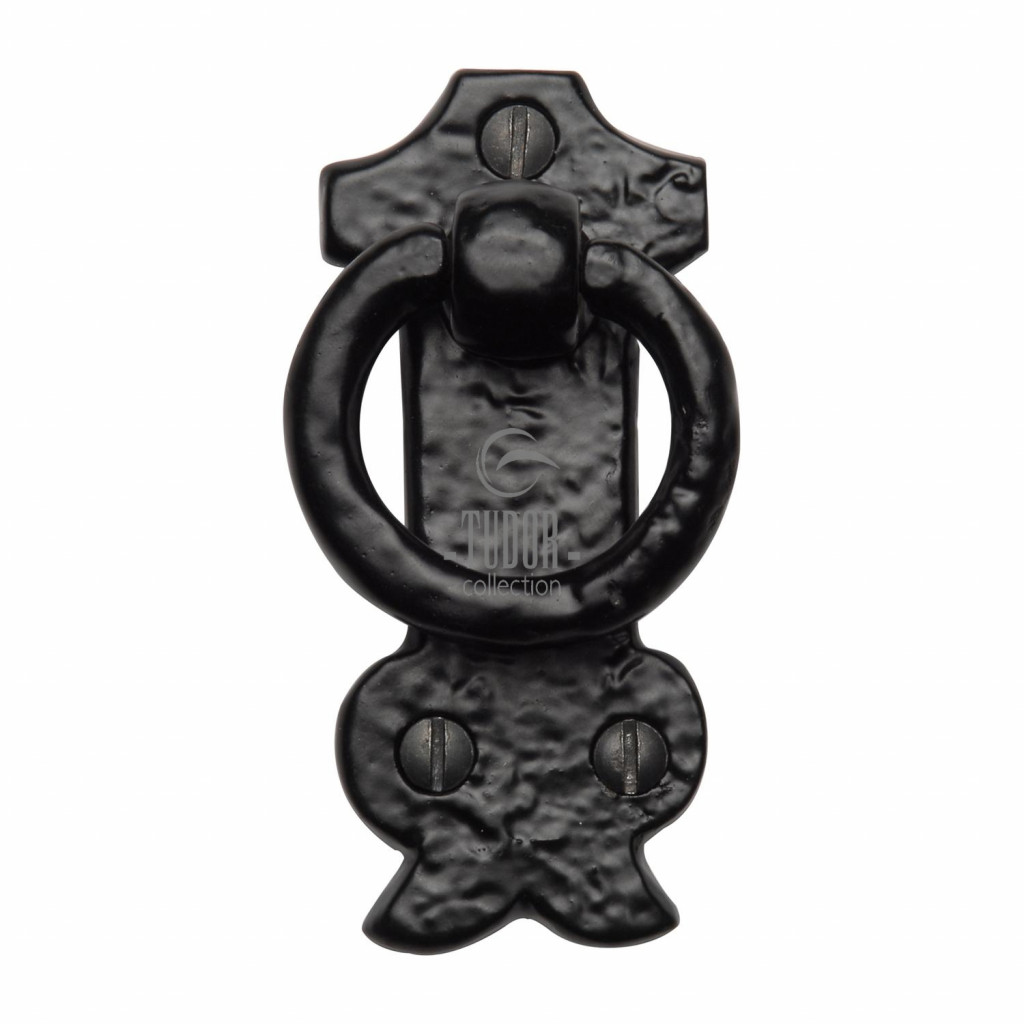 M Marcus Tudor Rustic Black Drop Down Cabinet Ring Pull on Plate 80 x 40mm