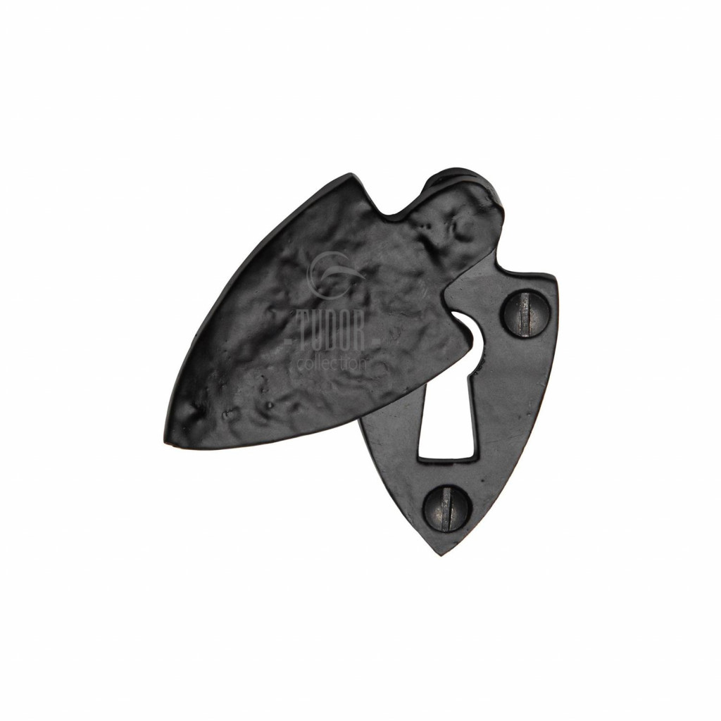 Tudor Rustic Black Shield Design Covered Standard Keyhole Escutcheon – 57mm x 30mm