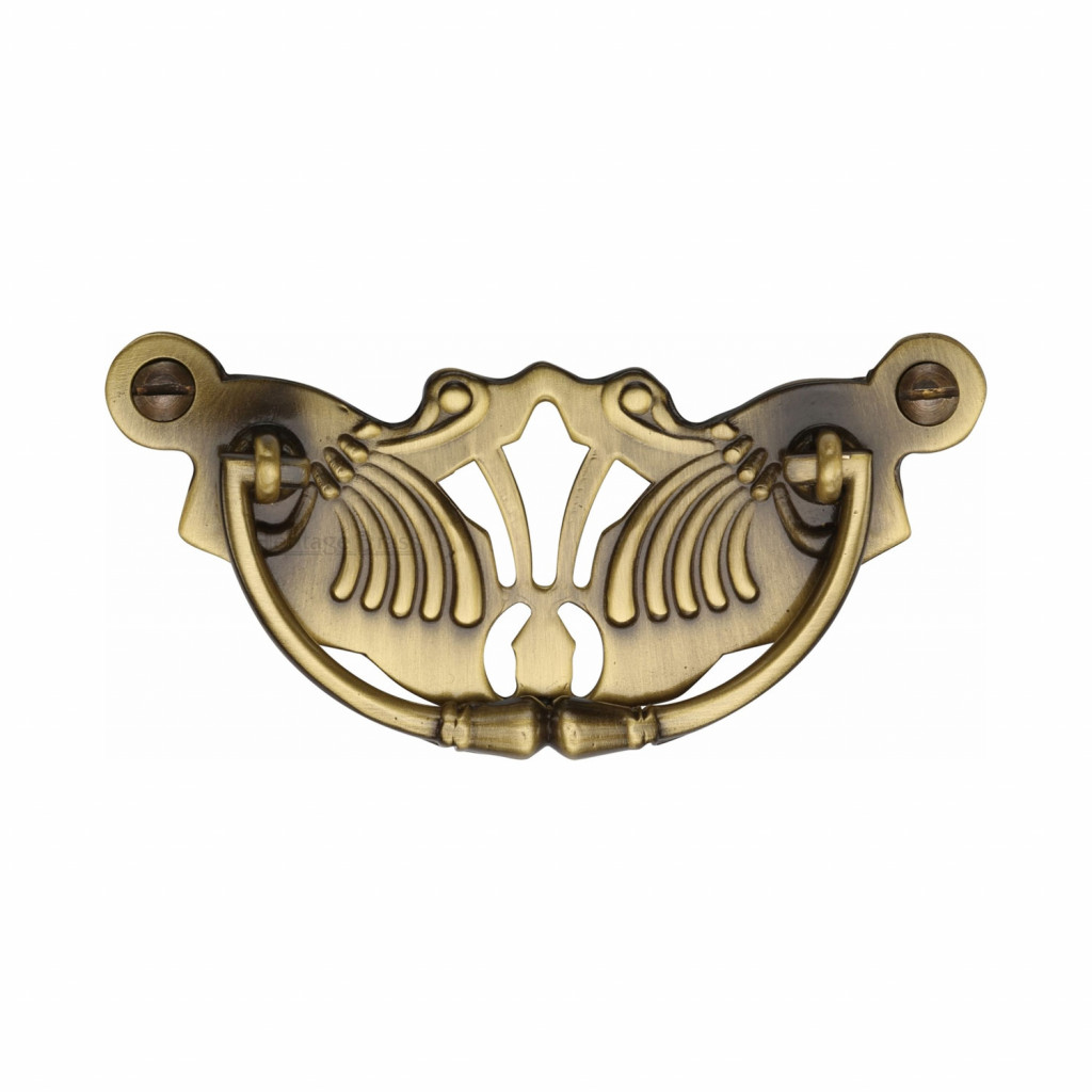 Heritage Brass Ornate Drop Down Cabinet Handle on Plate - 90 x 40mm