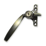 Crittall Type Locking Curved Window Handle on 4-hole Backplate - Left Hand - Antique Brass