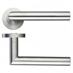 Round Rose Mitred Lever Handles – Push on Rose (Sprung) – Antimicrobial Satin Stainless Steel