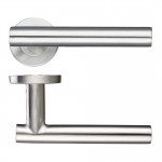 Round Rose T-bar Lever Handles – Push on Rose (Sprung) – Antimicrobial Satin Stainless Steel