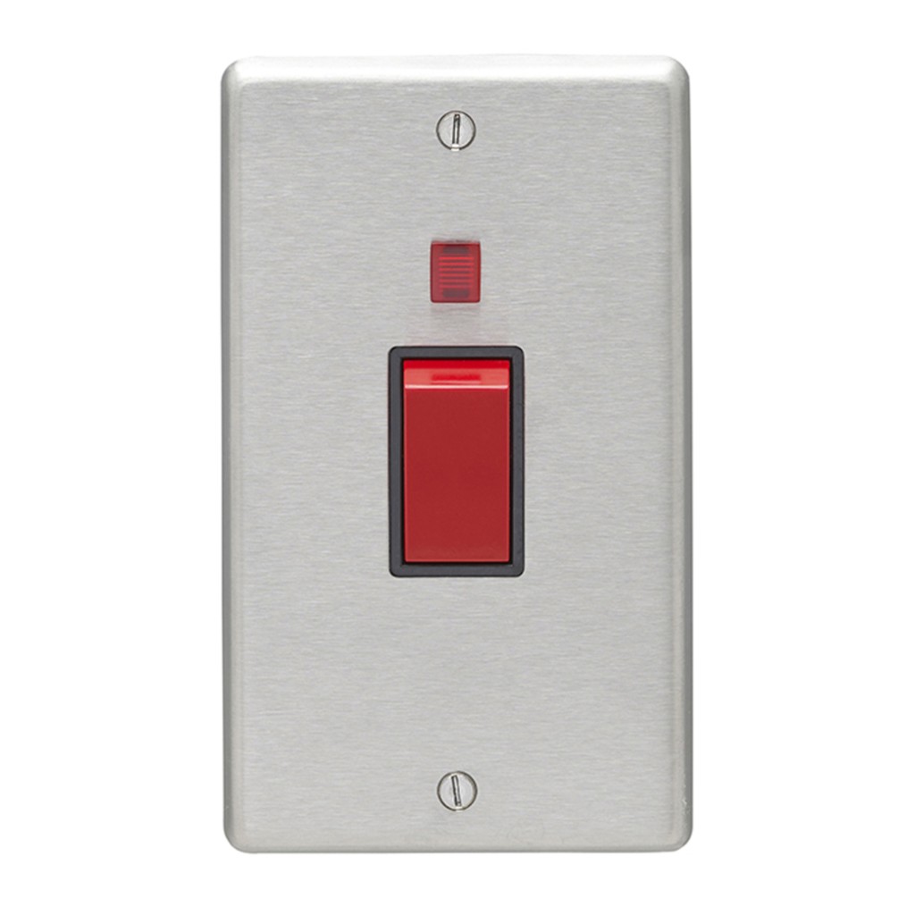 Carlisle Brass Eurolite Stainless Steel Range Round Edge 45 Amp Double Pole Cooker Switch with Red Rocker and Neon Indicator on Double Vertical Plate